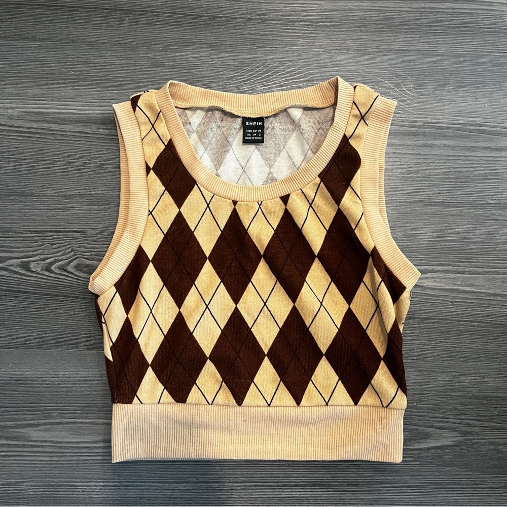 Shein Brown and Cream Argyle Knit Tank Top